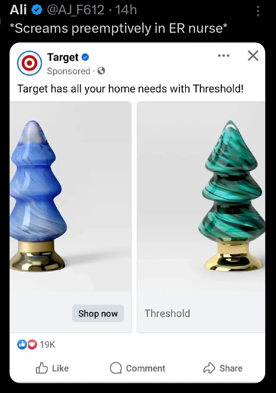 A screenshot of a Target social media ad showing two decorative, tiered glass Christmas tree ornaments with gold bases. The…