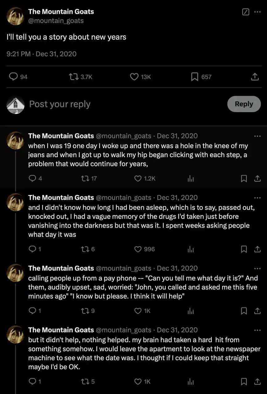 A screenshot of a Twitter thread from 'The Mountain Goats' account dated Dec 31, 2020, showing a series of tweets that form…