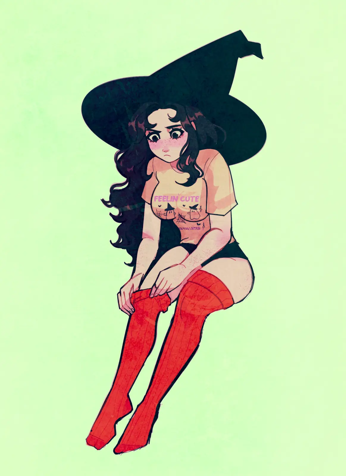 An anime-style illustration of a young woman with long dark hair wearing a large black witch's hat, red thigh-high…