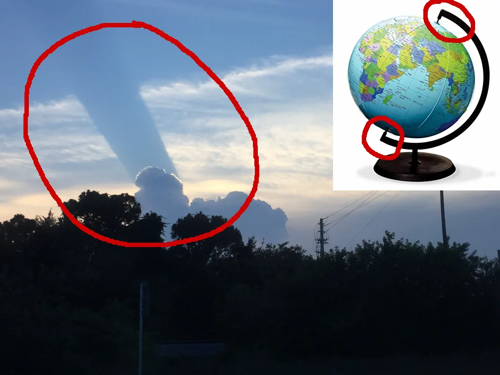 The image shows a sky scene with a red circle highlighting a cloud formation that resembles a globe's shape, juxtaposed with…