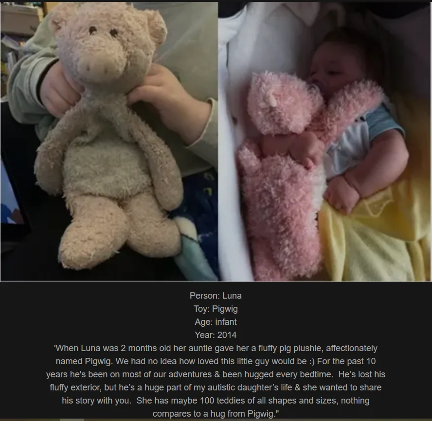 The image is a split-screen showing a child holding a worn, beige teddy bear on the left and a baby sleeping with a pink…