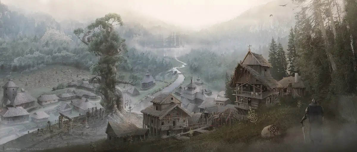 A misty, atmospheric fantasy village nestled in a valley with a large, ancient tree featuring a face in its branches. Wooden…