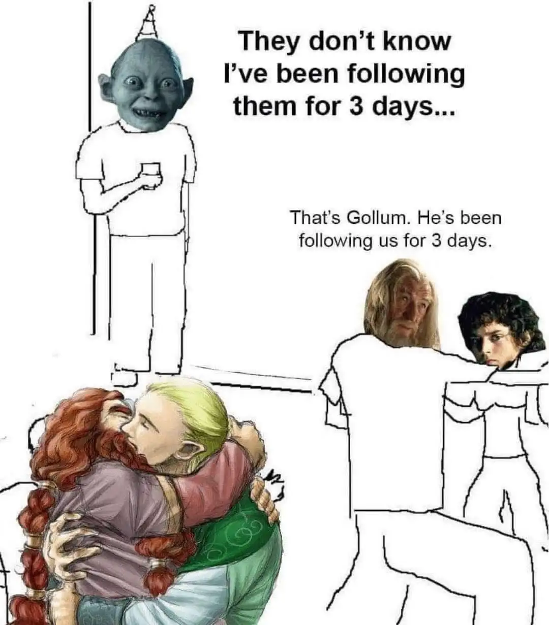 The image shows a split-panel meme. The top panel features a crudely drawn figure with Gollum's face and a party hat…