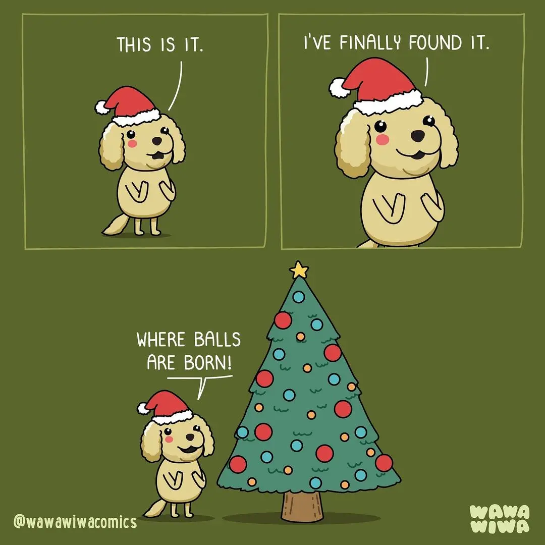 A three-panel comic featuring a cartoon poodle wearing a red Santa hat. In the first panel, the poodle says 'THIS IS IT.' In…