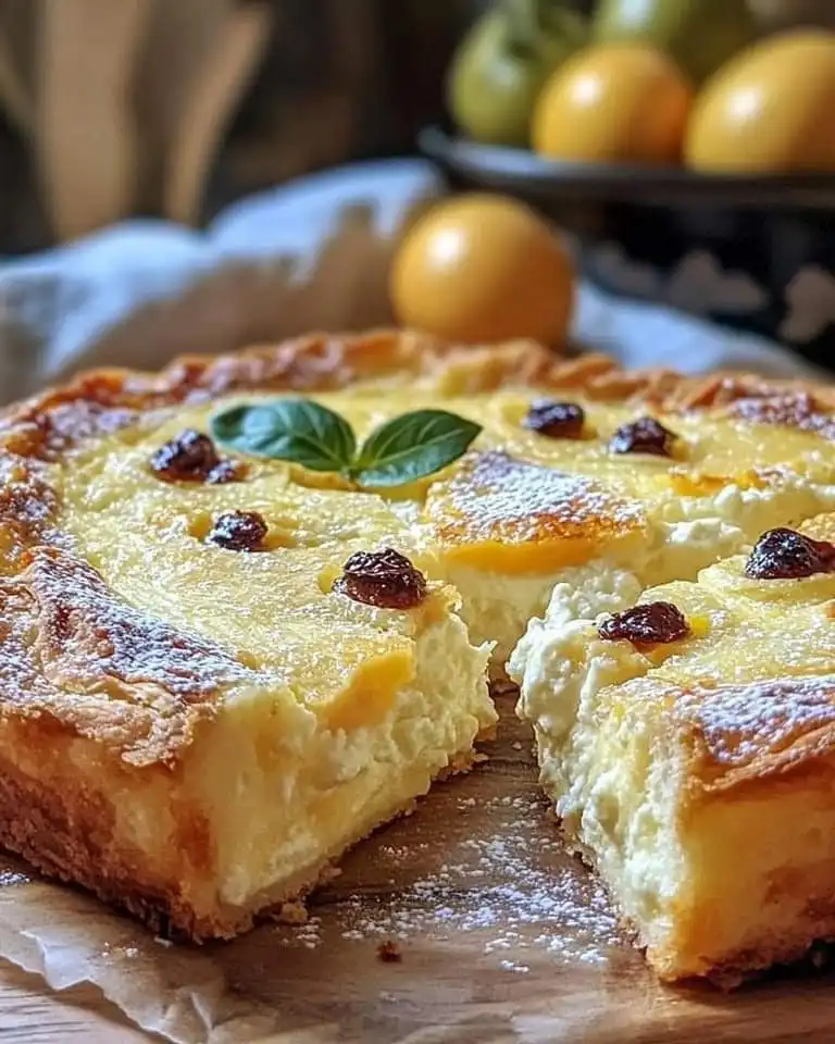 A close-up photo of a golden-brown, baked cheese cake with a slice cut out, revealing a creamy yellow interior. The top is…