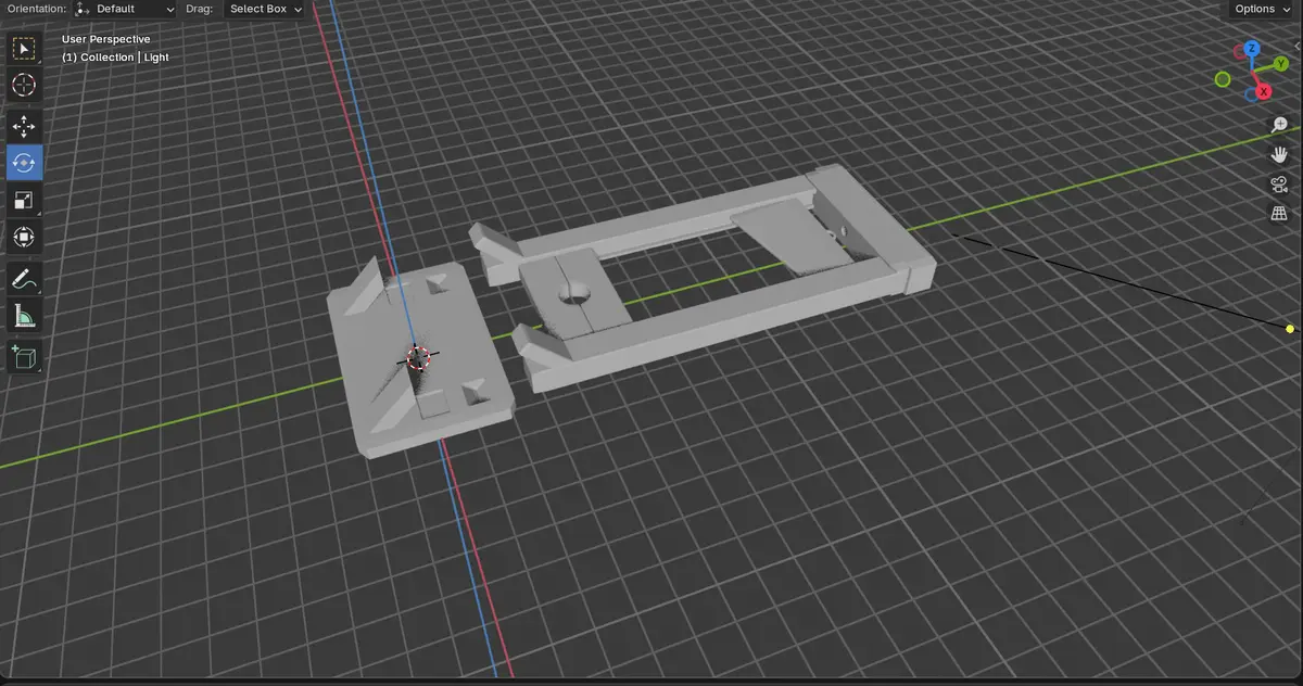 A 3d modeling software interface displays two gray, abstract mechanical-looking objects on a grid. The scene includes…