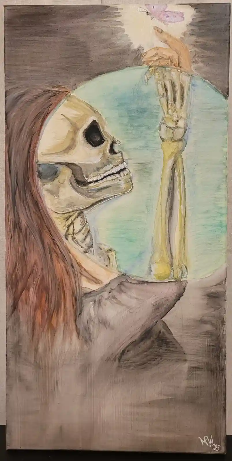 A painting depicts a person with long brown hair and a visible skull head, holding a crystal ball. Inside the ball, a…