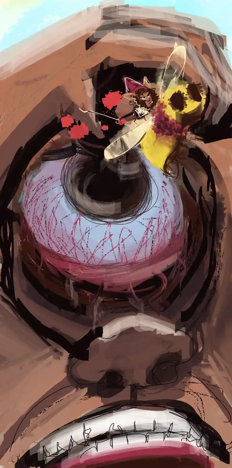 A digitally drawn close-up of a person's face, focusing on their wide-open, bloodshot eye with red scribbles and a large…