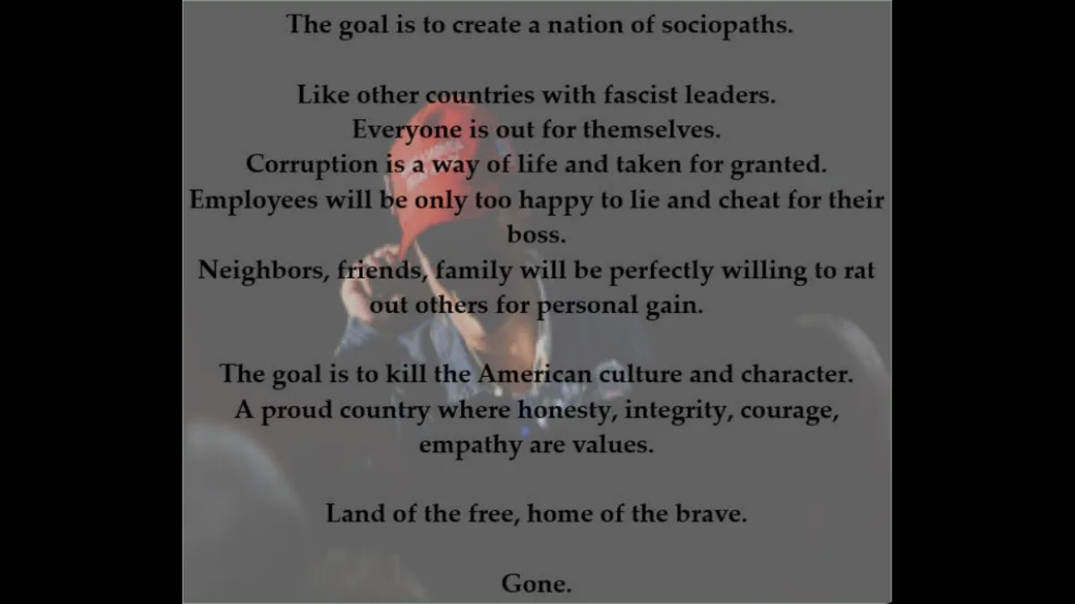 A dark, sarcastic text overlay on a faded image of a person wearing a red hat, listing a dystopian vision of America where…