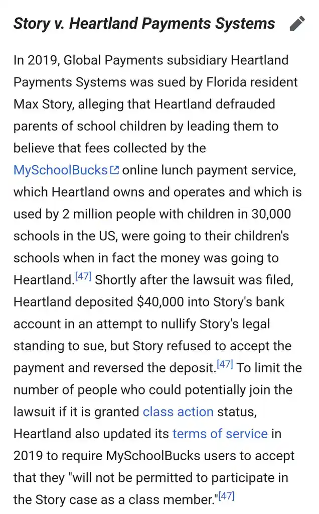 The image displays a text excerpt from a legal case summary titled 'Story v. Heartland Payments Systems'. The text details…