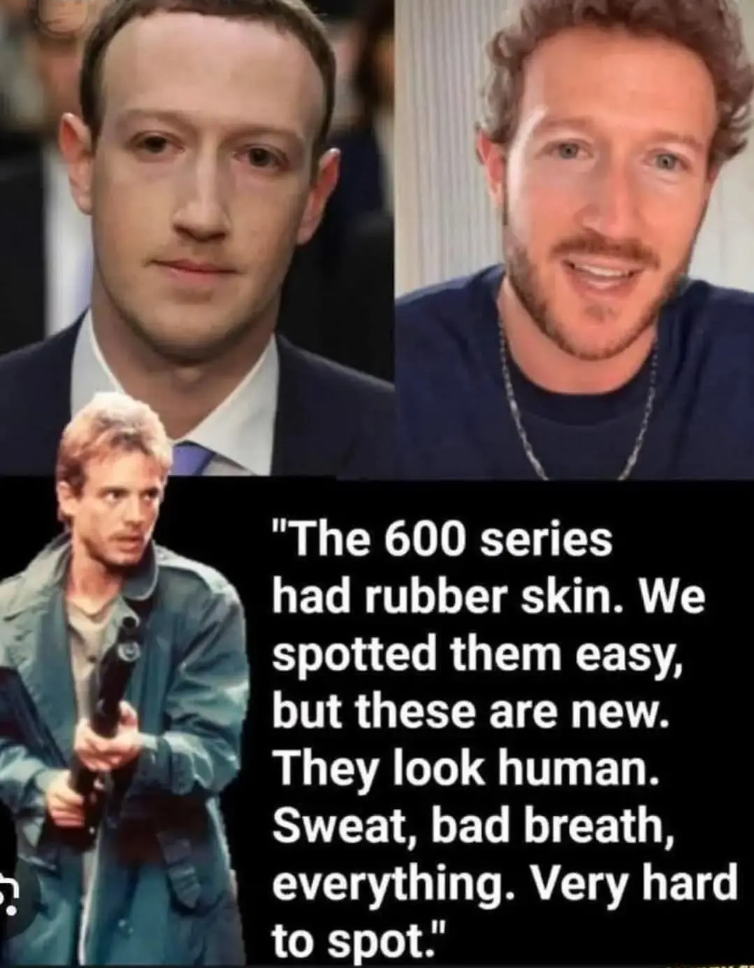The image is a three-panel meme featuring Mark Zuckerberg in two different appearances: a formal suit shot and a casual…