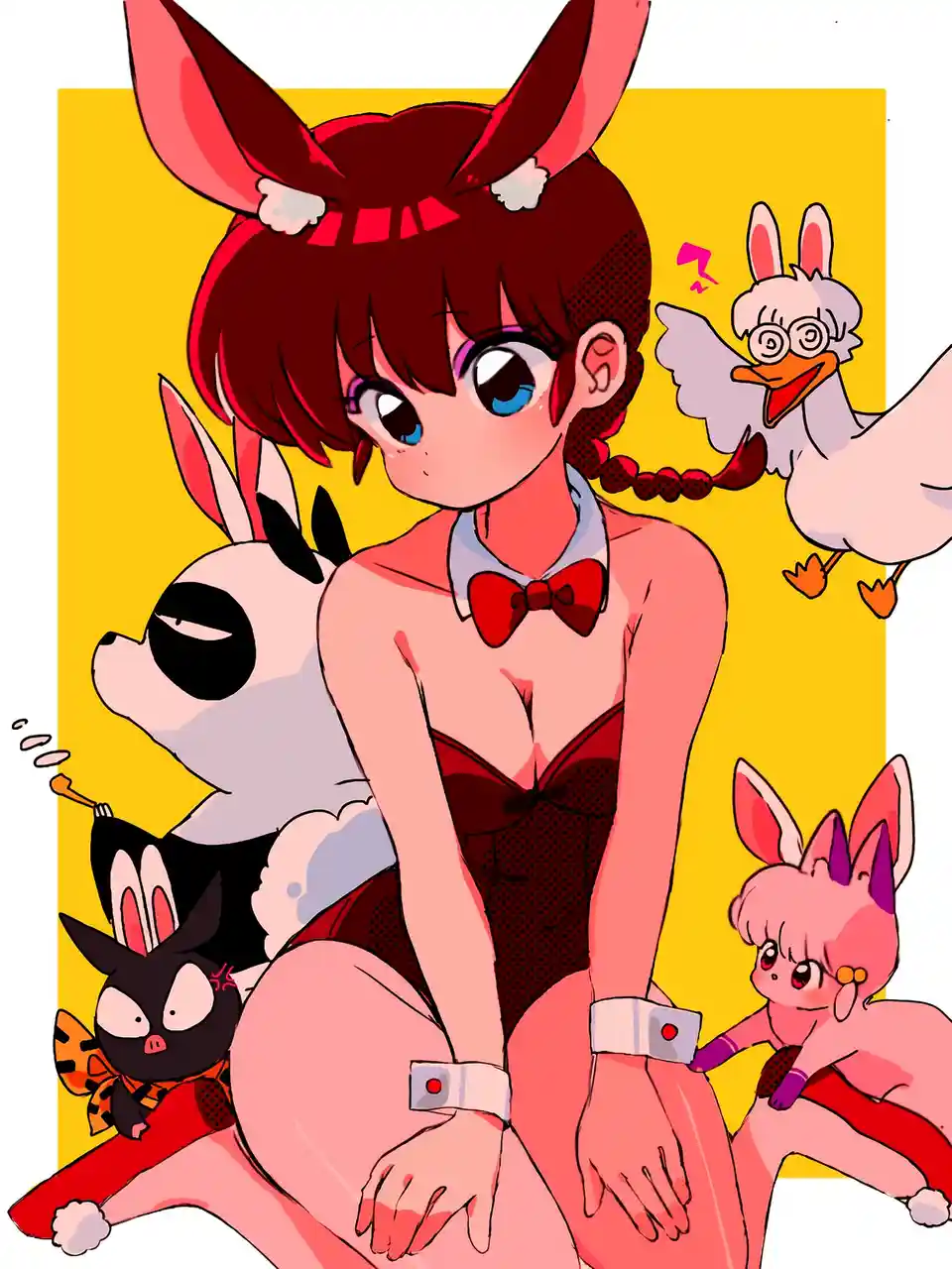 An anime-style illustration features a central female character with large red bunny ears, blue eyes, and a red bowtie…