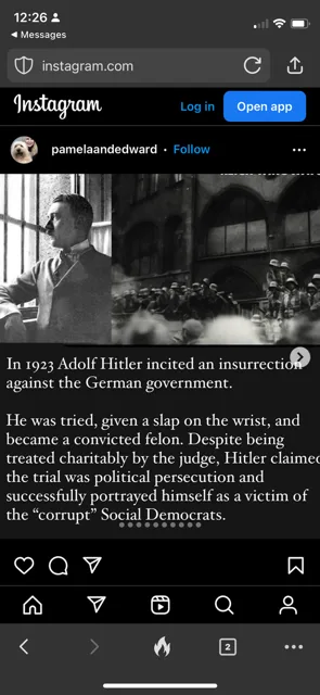 A screenshot of an Instagram post showing a black-and-white photo of Adolf Hitler in a courtroom setting, with a caption…