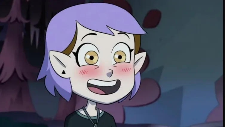 An animated character with purple hair, pointed ears, and a wide, joyful smile with blushing cheeks is shown against a dark…