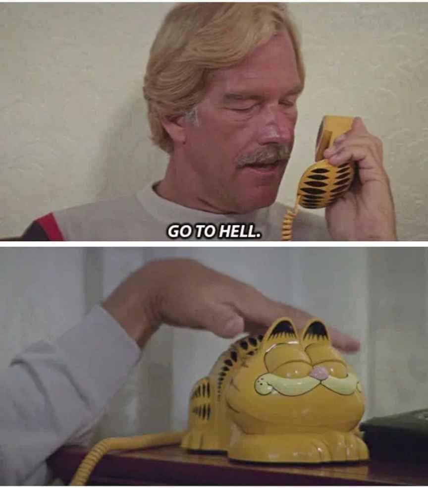 The top panel shows a man with blond hair and a mustache holding a yellow, cat-shaped telephone receiver and speaking with a…