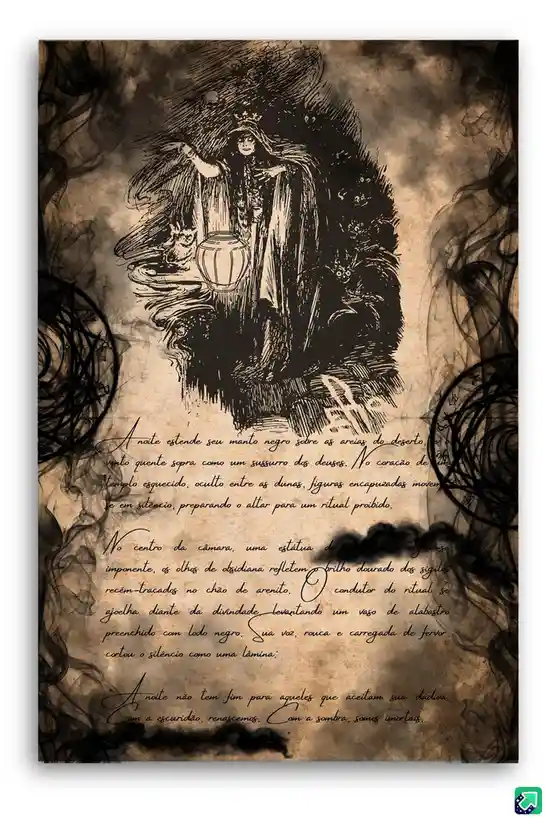An illustration of a dark, gothic-style ritual scene with a hooded figure holding a jar, surrounded by swirling smoke and…