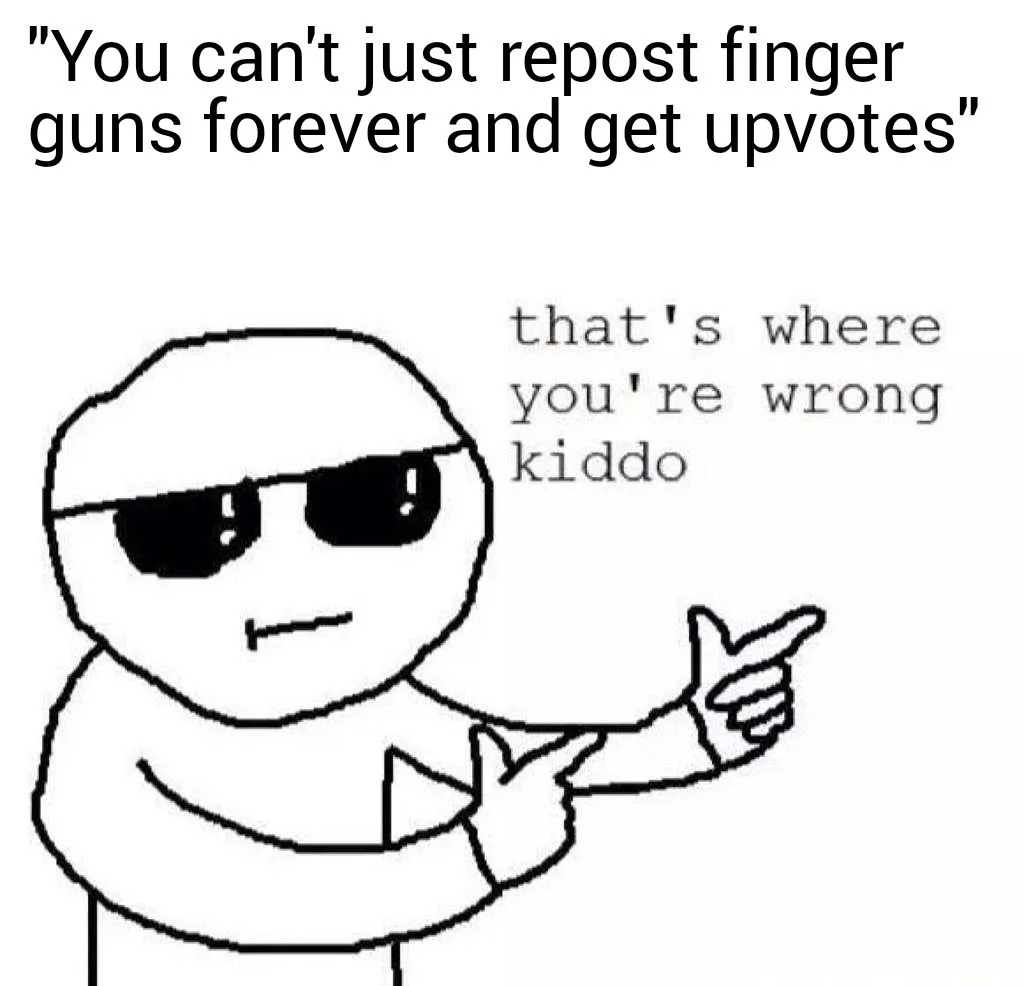 A black-and-white stick figure wearing sunglasses and a hoodie points confidently at the viewer. The text at the top reads…