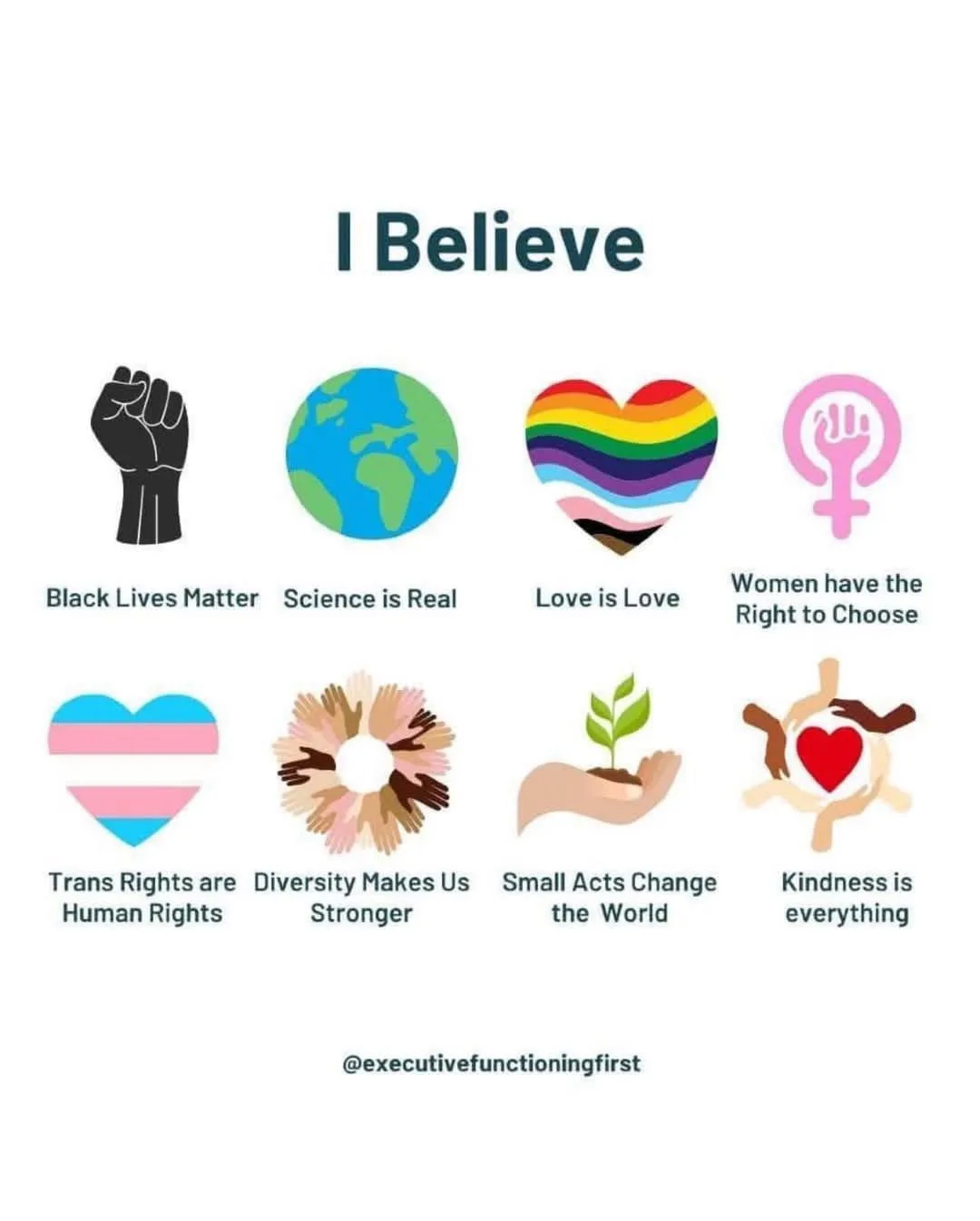 A graphic titled 'I Believe' displays eight icons representing progressive values, each with a text label: a black fist for…