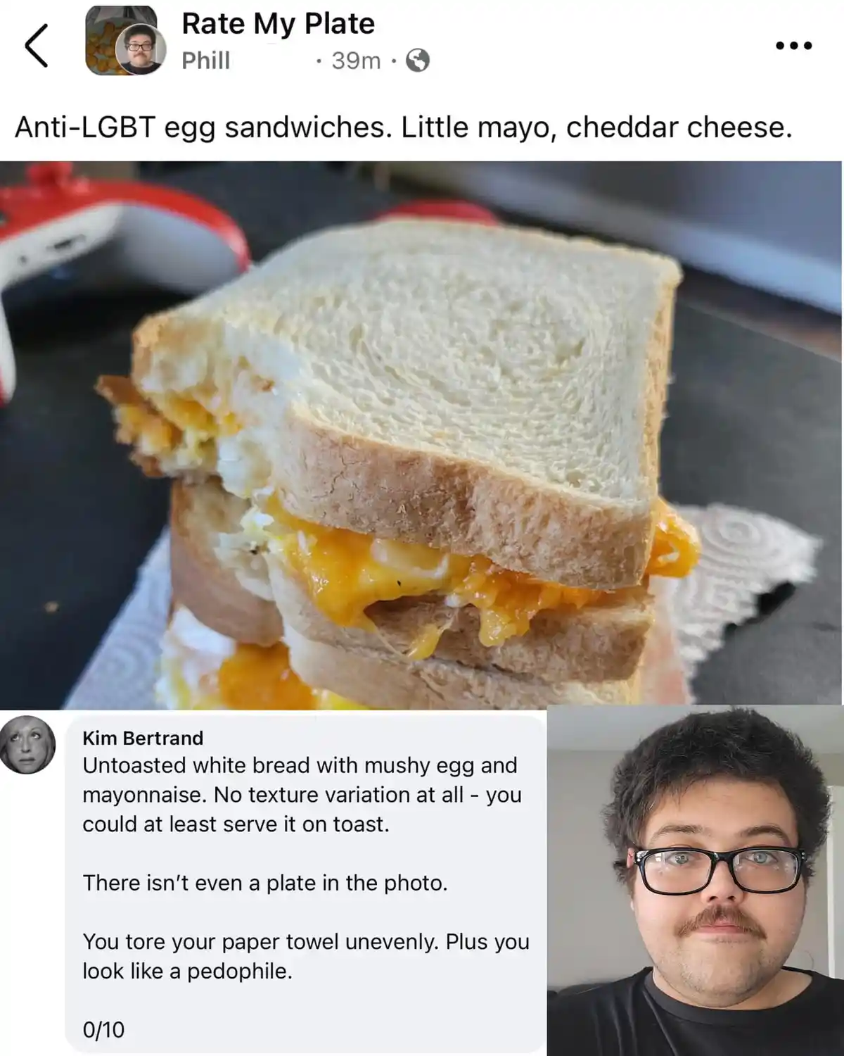 A screenshot of a 'Rate My Plate' social media post showing a sandwich made with white bread, scrambled egg, and melted…