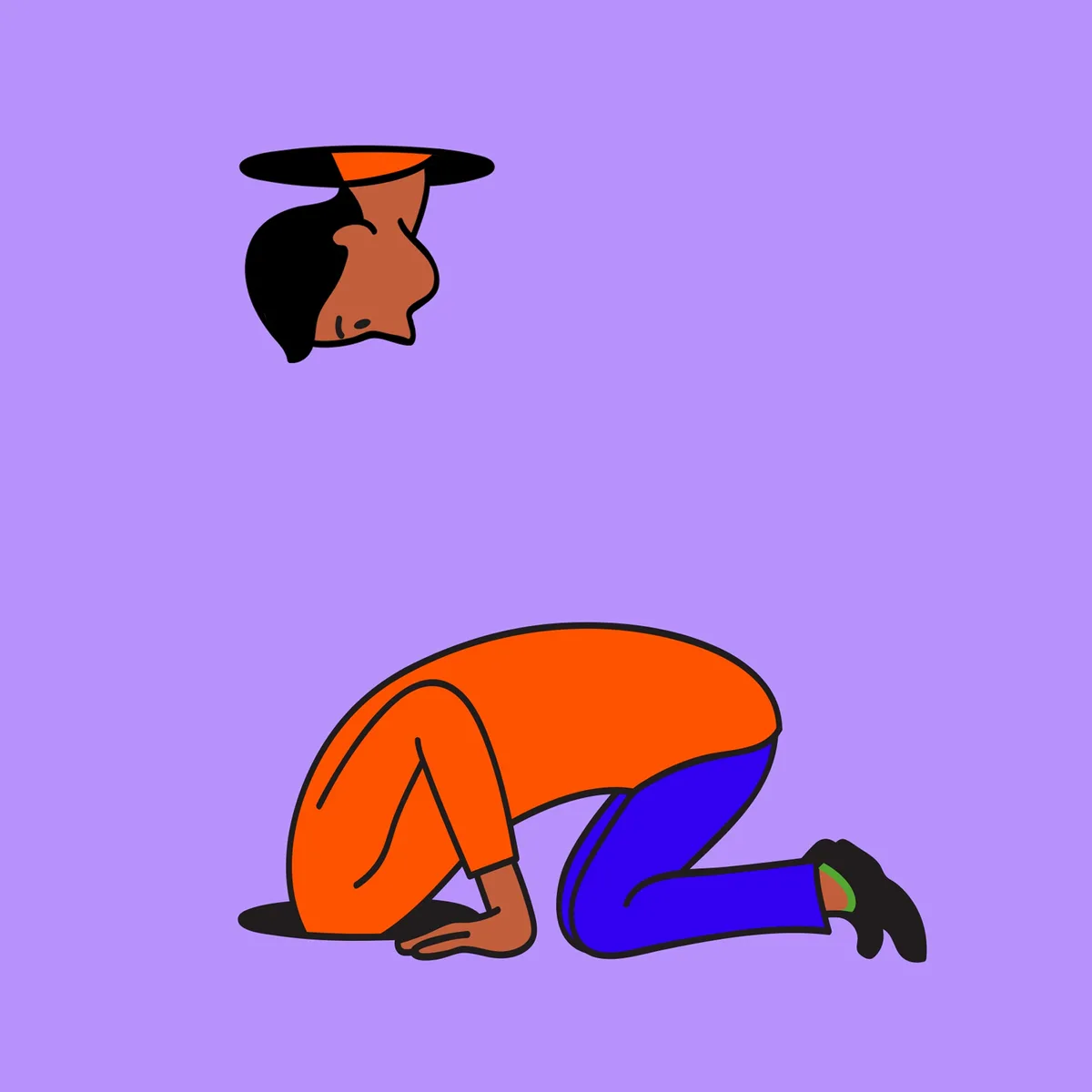 A cartoon person in an orange shirt and blue pants is kneeling on a purple background with their head bowed down. Above…