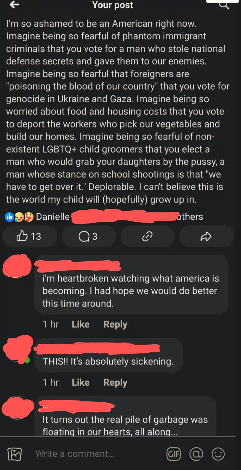 A screenshot of a social media post with a long, emotionally charged caption criticizing American politics and policies…