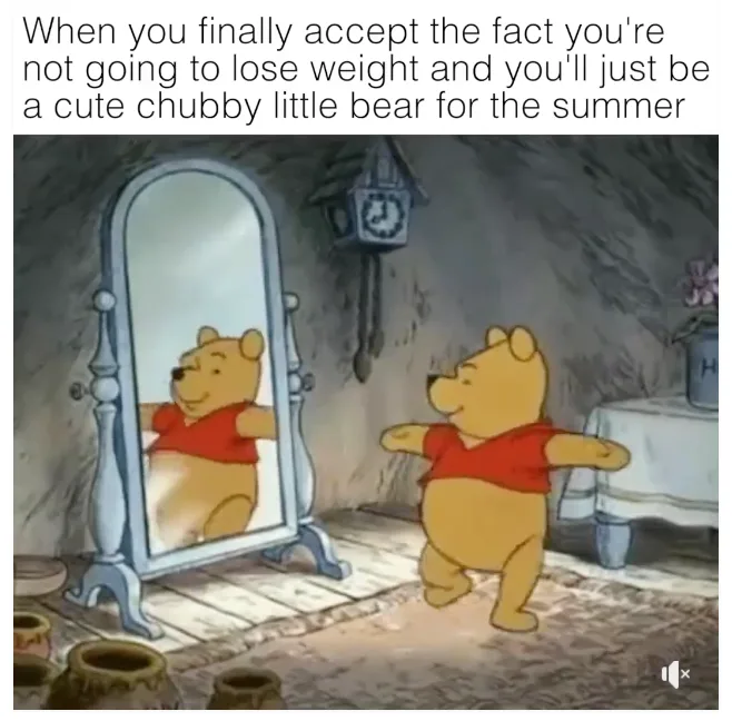 A cartoon image of Winnie the Pooh standing in front of a tall mirror, smiling and posing with arms outstretched, reflecting…