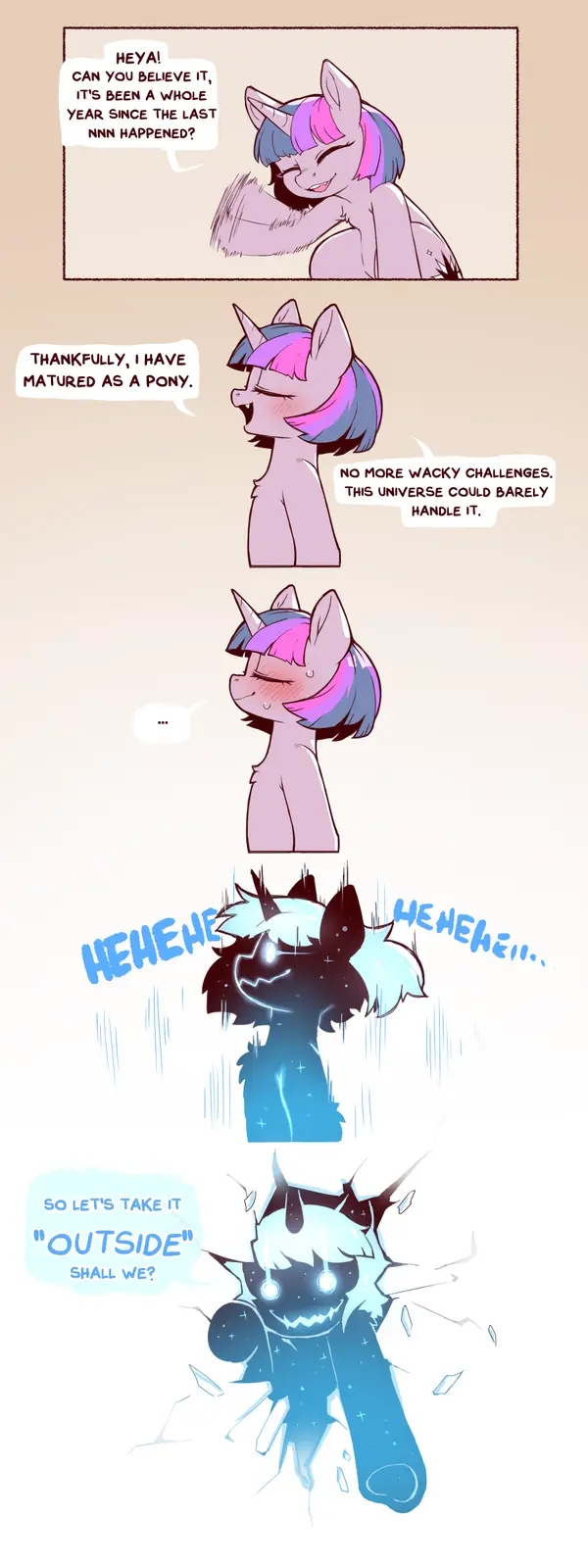 A comic strip featuring a pink pony with purple and blue hair who excitedly talks about how much she's matured after a year…