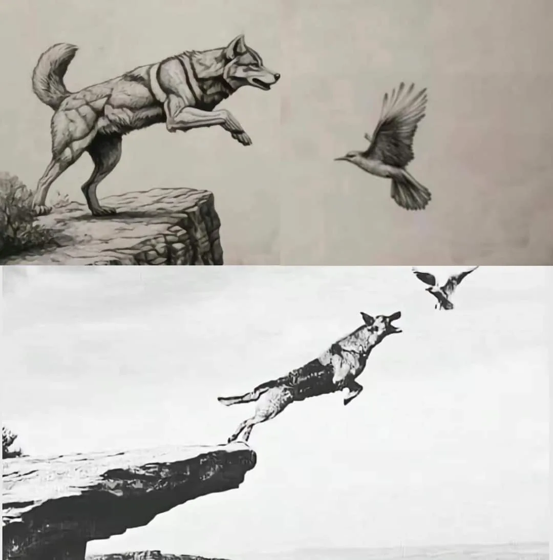 The image is split into two panels. The top panel shows a detailed pencil drawing of a muscular dog on a cliff edge leaping…