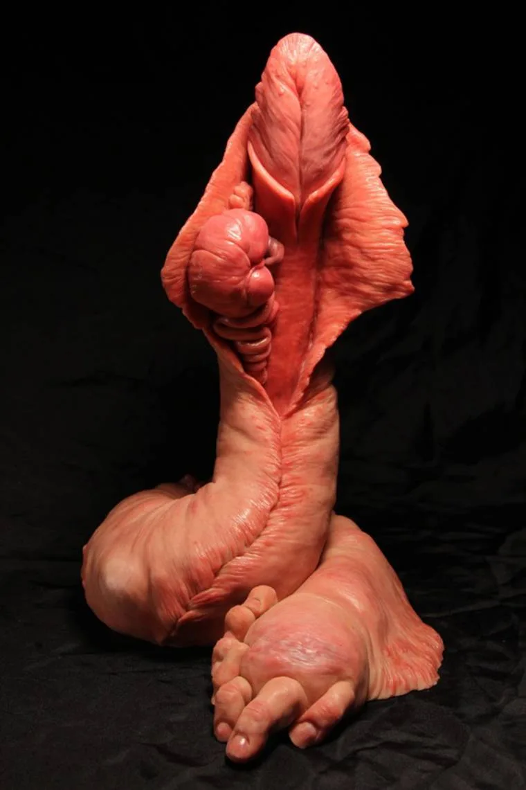 A hyperrealistic sculpture of a human foot with an exaggerated, anatomically impossible phallic protrusion emerging from the…