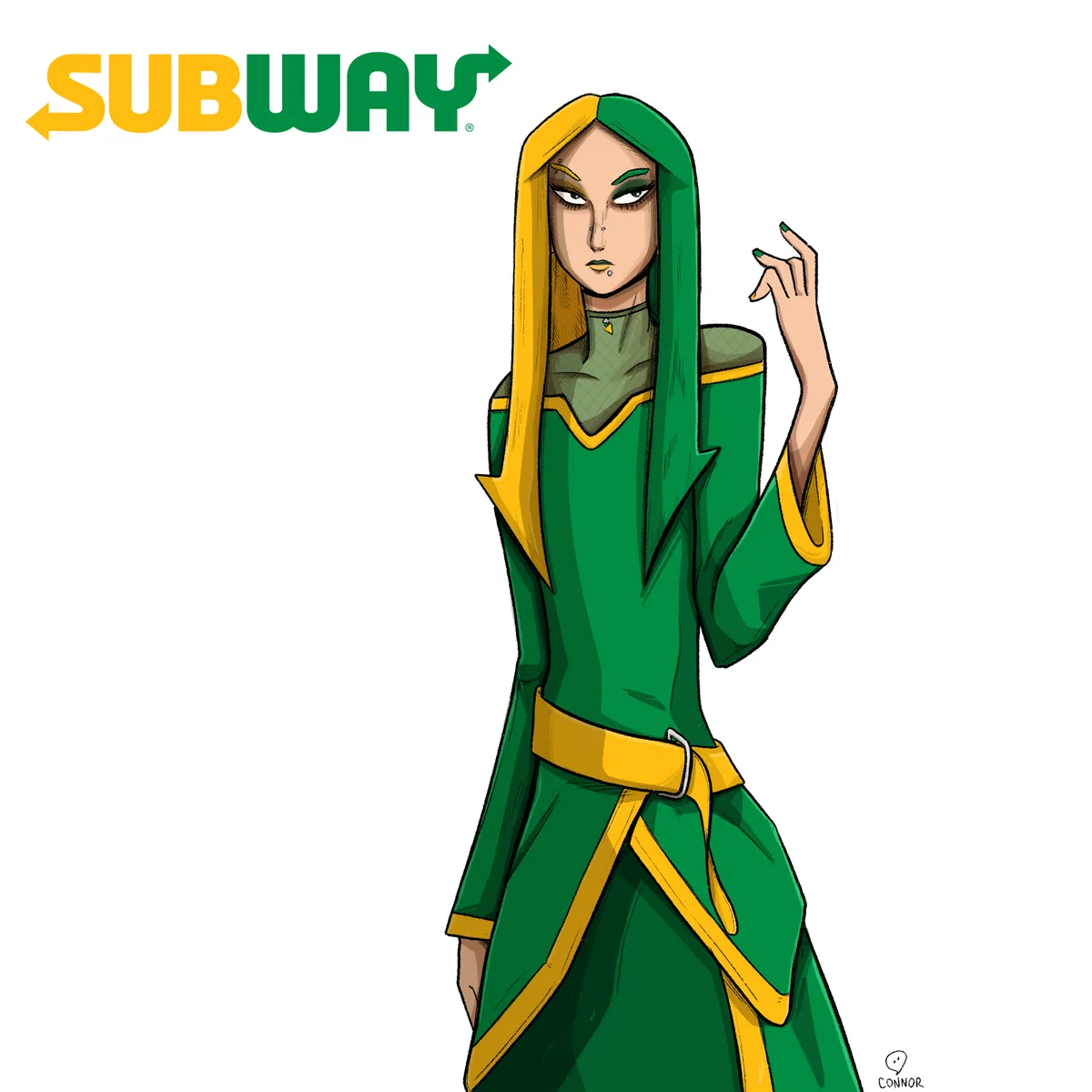An illustrated character with long green and yellow hair, wearing a green and yellow outfit, stands with a smug expression…