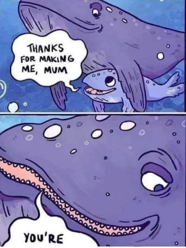 A two-panel cartoon shows a small purple whale thanking its mother whale for making it. The mother whale, in the second…