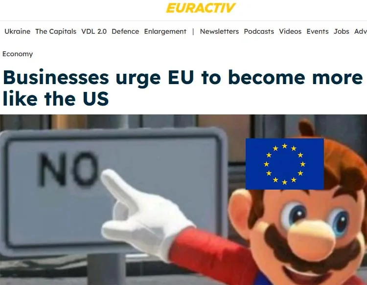 A screenshot of a EURACTIV news article headline 'Businesses urge EU to become more like the US' is overlaid with an image…