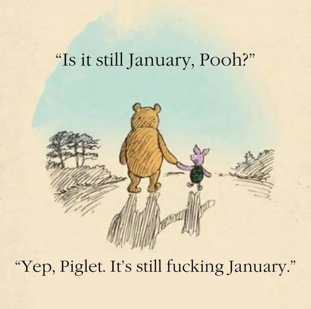 A classic Winnie the Pooh illustration shows Pooh and Piglet walking away from the viewer, holding hands, with a simple…