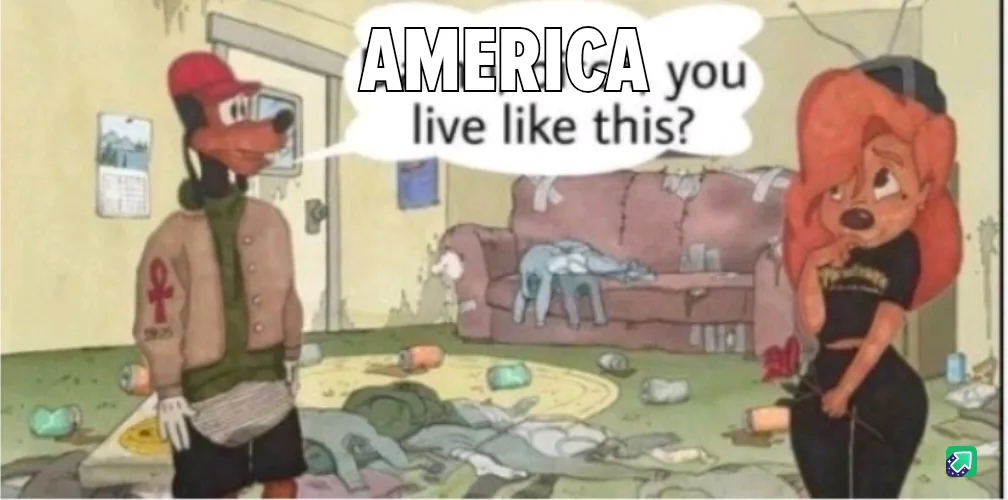 A cartoon image shows two characters in a messy, trash-strewn living room. A male character with a red cap and jacket stands…