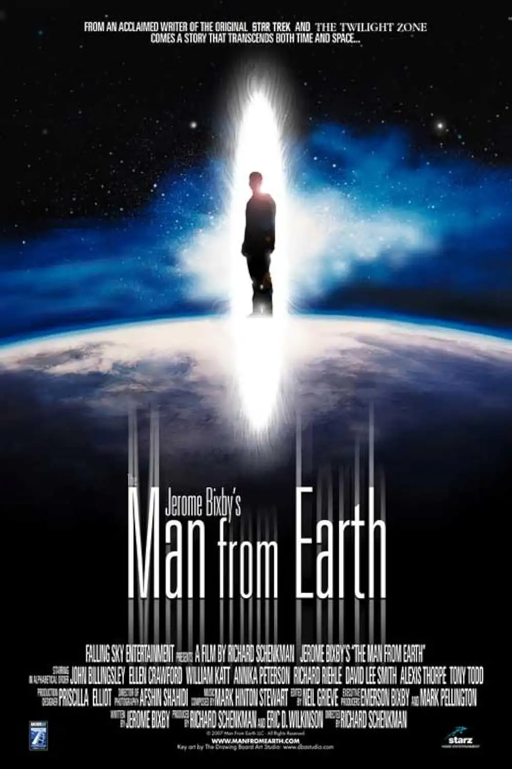 The movie poster for 'The Man from Earth' shows a silhouetted man standing on the Earth's surface, facing a bright, vertical…