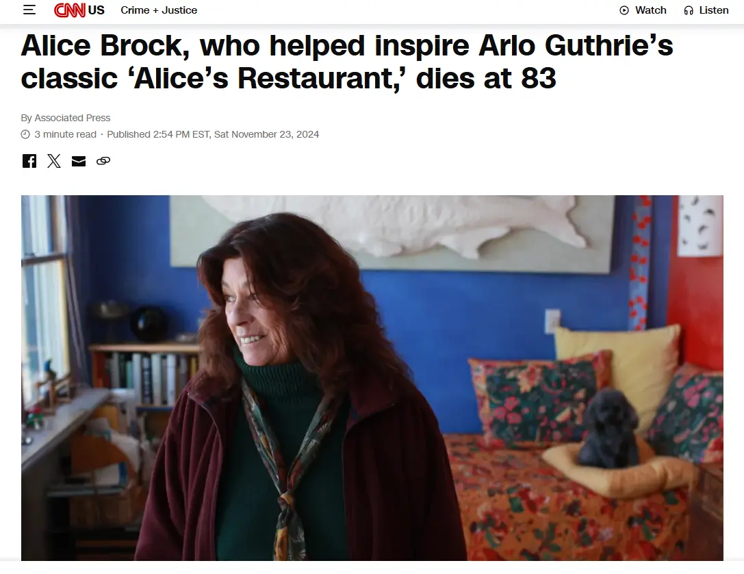 A screenshot of a CNN news article about Alice Brock, who helped inspire Arlo Guthrie's classic 'Alice's Restaurant,'…