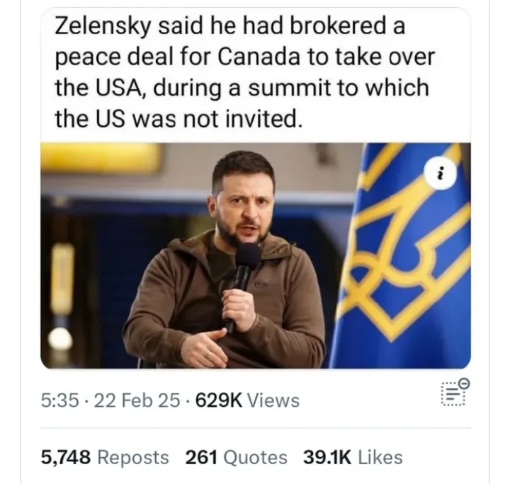 A screenshot of a social media post showing Ukrainian President Volodymyr Zelensky speaking into a microphone, with a…