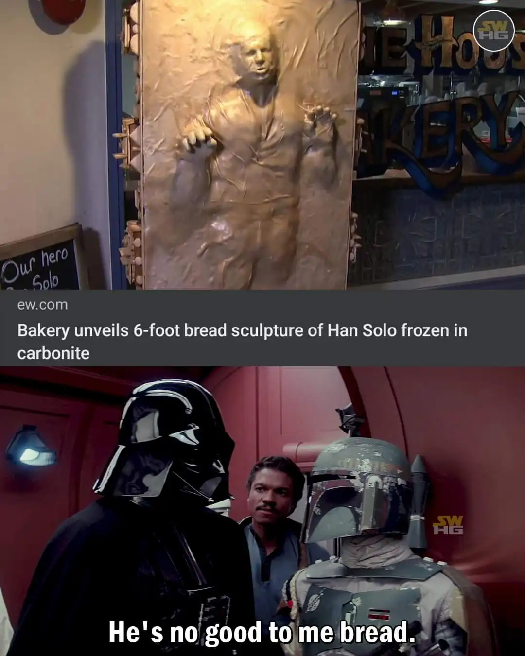 The top panel shows a large, realistic sculpture of Han Solo encased in carbonite, displayed in a bakery with a sign reading…