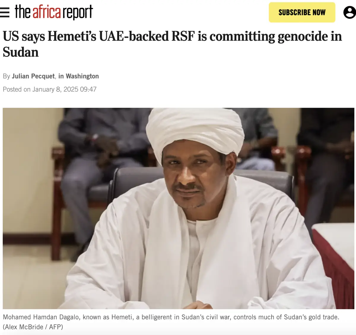 A screenshot of a news article from 'the africa report' shows a man in a white turban and robe sitting at a table. The…