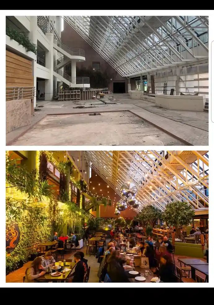 The image shows a split-screen comparison: the top panel depicts a bare, unfinished interior space with exposed concrete…