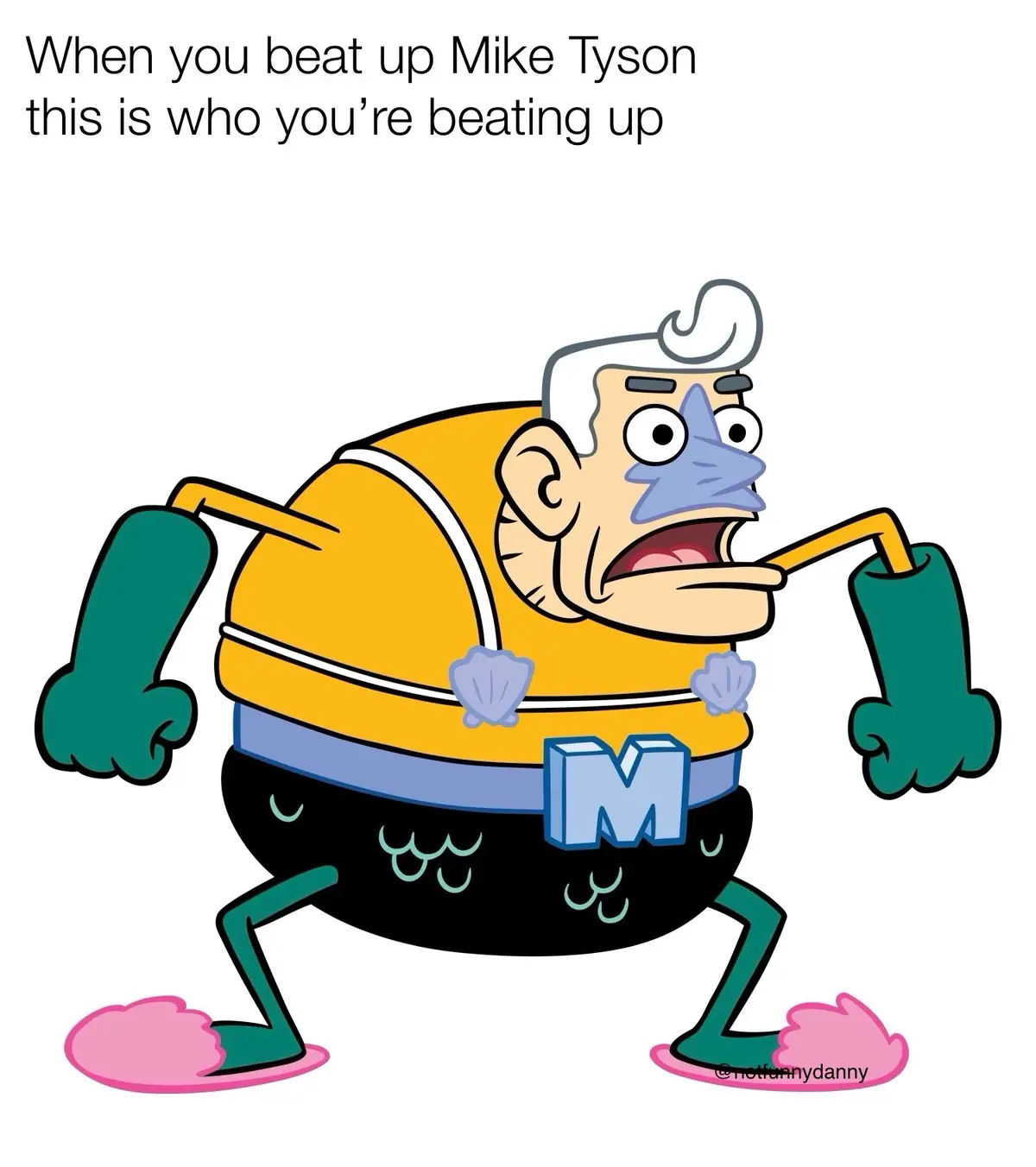 A cartoon drawing of an elderly, frail-looking man with white hair, a blue nose, and a shocked expression, wearing a yellow…