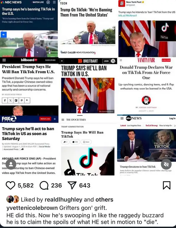 A collage of eight news headlines from outlets like NBC, Breitbart, and Fox News, all reporting on Donald Trump's…