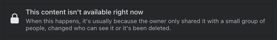 A screenshot of a dark gray error message from a social media platform, featuring a white padlock icon on the left and white…