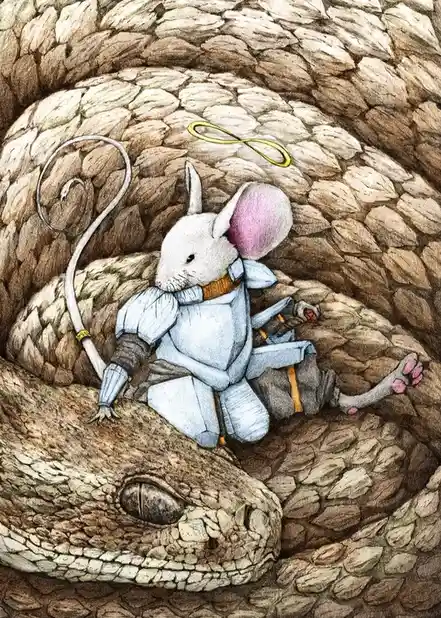 A small white mouse wearing light blue armor and holding a sword sits atop a coiled, sleeping snake with a golden halo above…