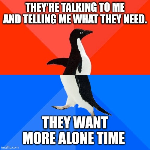 A penguin stands centered against a red and blue background, split horizontally. The top half has white text reading…