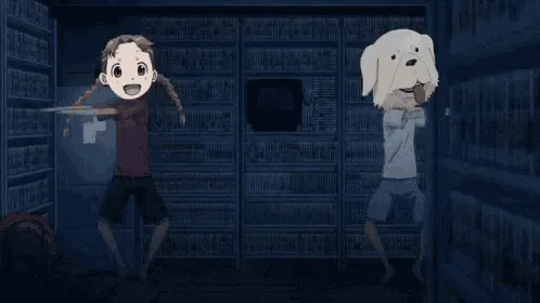 A split-screen animation shows two children in a dark library, initially facing each other with arms outstretched, then…