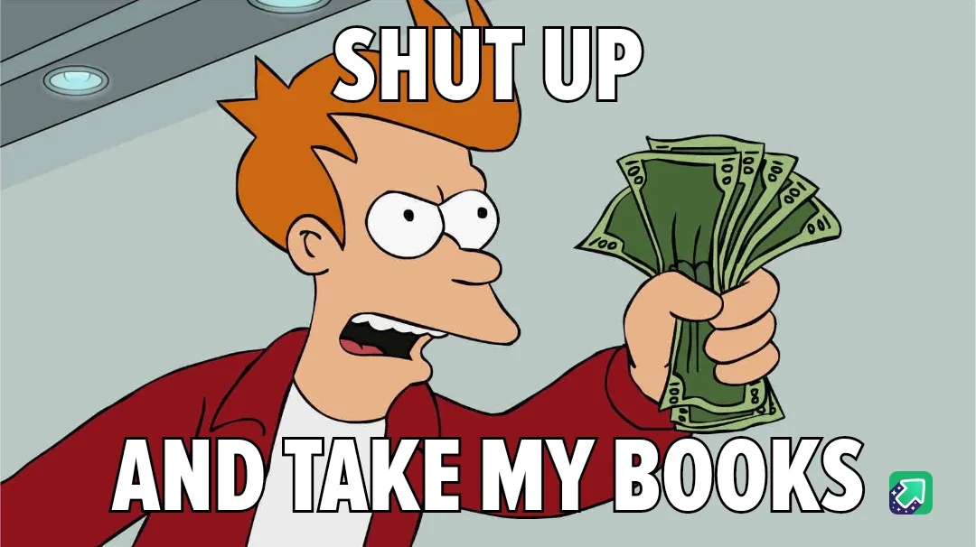 A cartoon man with orange hair and a red jacket holds a fanned-out stack of $100 bills while shouting. The text overlaid on…
