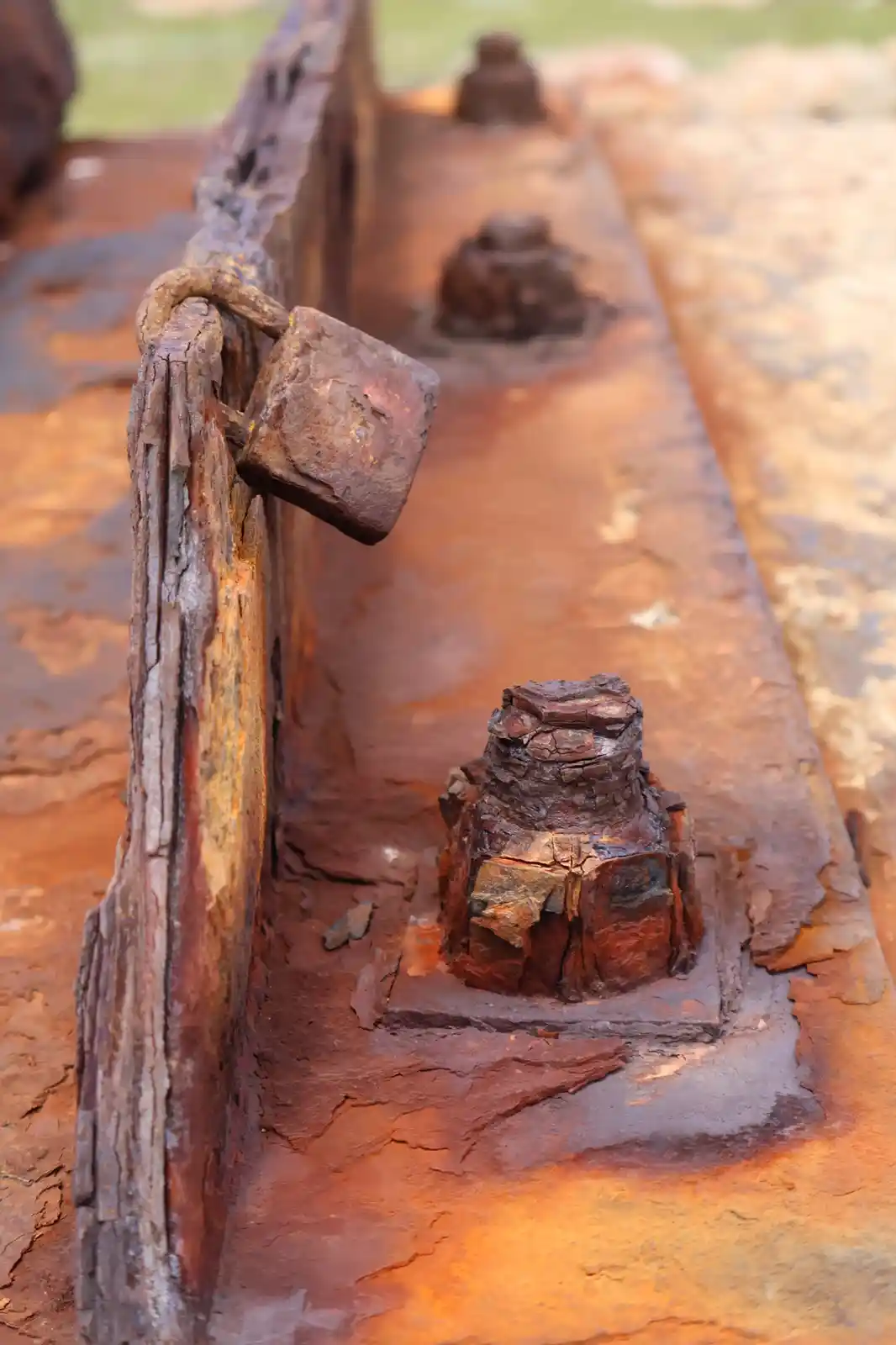 A close-up photo shows a heavily rusted metal surface with a rusty padlock hanging from a rusty metal bar. Several corroded…