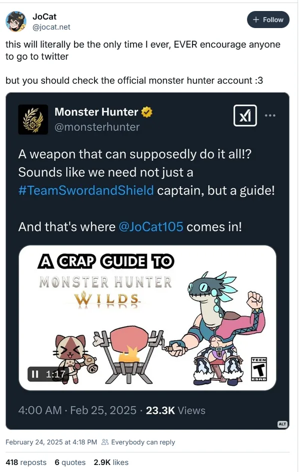 A screenshot of a tweet from user JoCat, who says they'll only ever encourage someone to go to Twitter once, to check the…