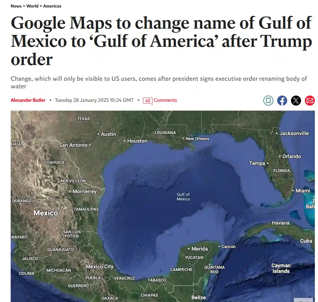 A screenshot of a fake news article with a map of the Gulf of Mexico region, overlaid with the headline 'Google Maps to…